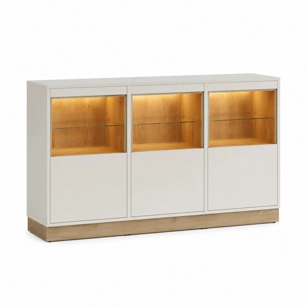 Sideboard Vitrine 160 x 40 x 120 cm aus MDF und Glas rechteckig Weiß Eiche