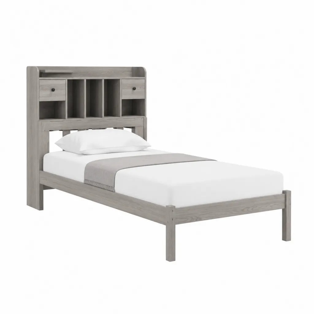 Einzelbett mit Stauraumkopfteil 90 x 200 cm MDF Eichenoptik Grau