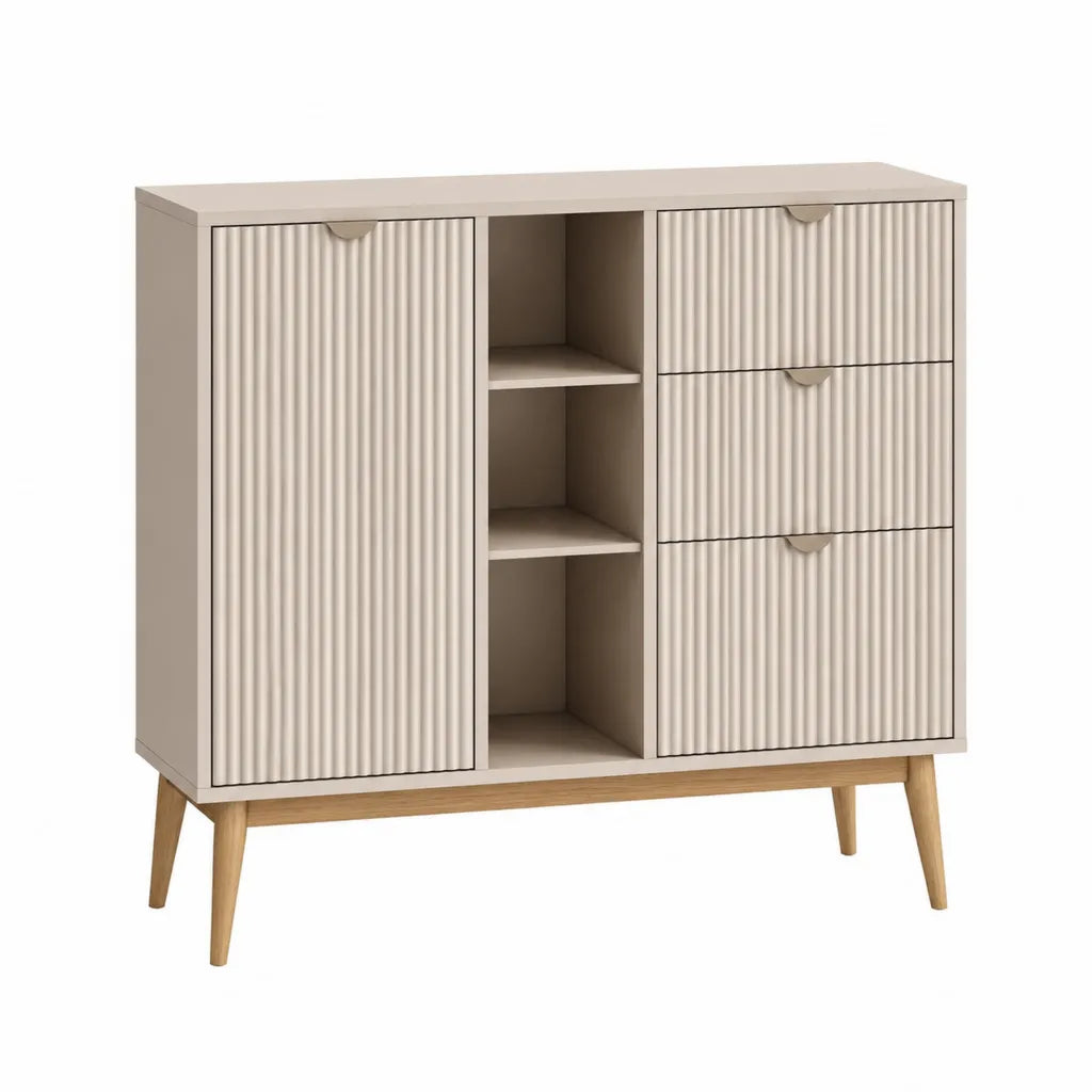 Sideboard mit Tür Schubladen und offenen Fächern aus MDF rechteckig Beige Naturholz 120 x 40 x 105 cm