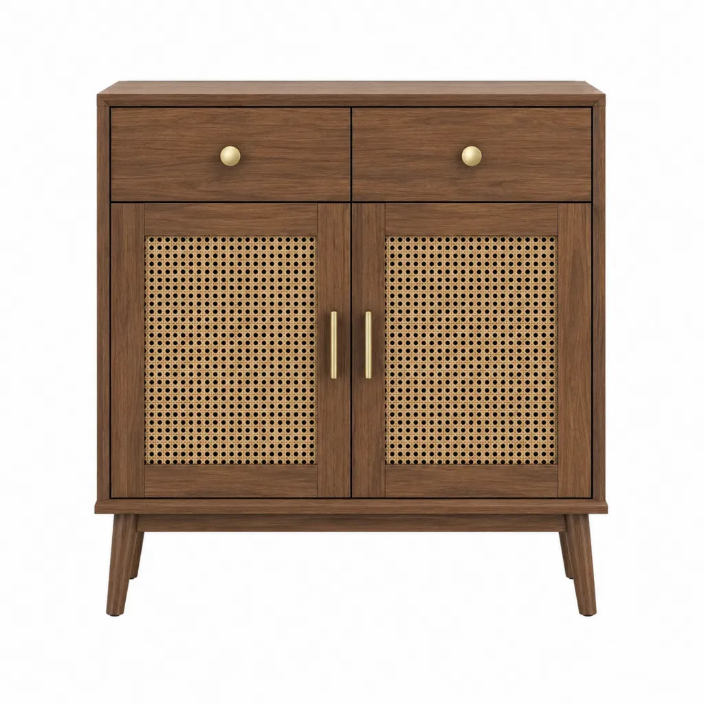 Sideboard mit 2 Türen und 2 Schubladen aus MDF mit Walnussholzfurnier und Rattangeflecht Braun 80 x 40 x 100 cm