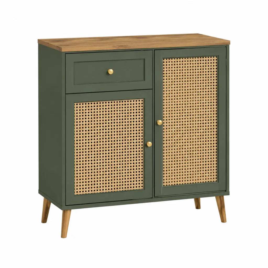 Sideboard mit 2 Türen und Schublade aus lackiertem MDF und Rattan rechteckig dunkelgrün 80 x 40 x 90 cm