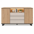 Sideboard mit 2 Türen 3 Schubladen und LED-Beleuchtung 160 x 40 x 85 cm aus MDF und Spanplatte in Eichenoptik Beige