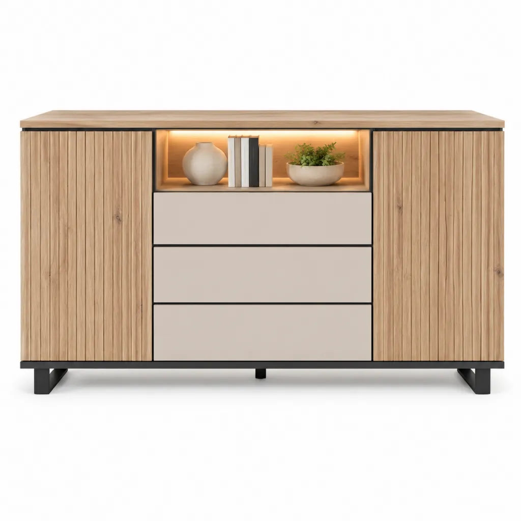 Sideboard mit 2 Türen 3 Schubladen und LED-Beleuchtung 160 x 40 x 85 cm aus MDF und Spanplatte in Eichenoptik Beige