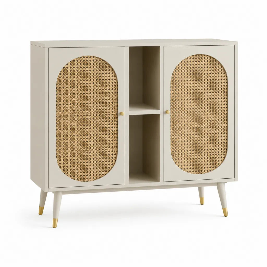Sideboard mit Rattantüren 100 x 40 x 90 cm MDF Rattan rechteckig Beige Natur