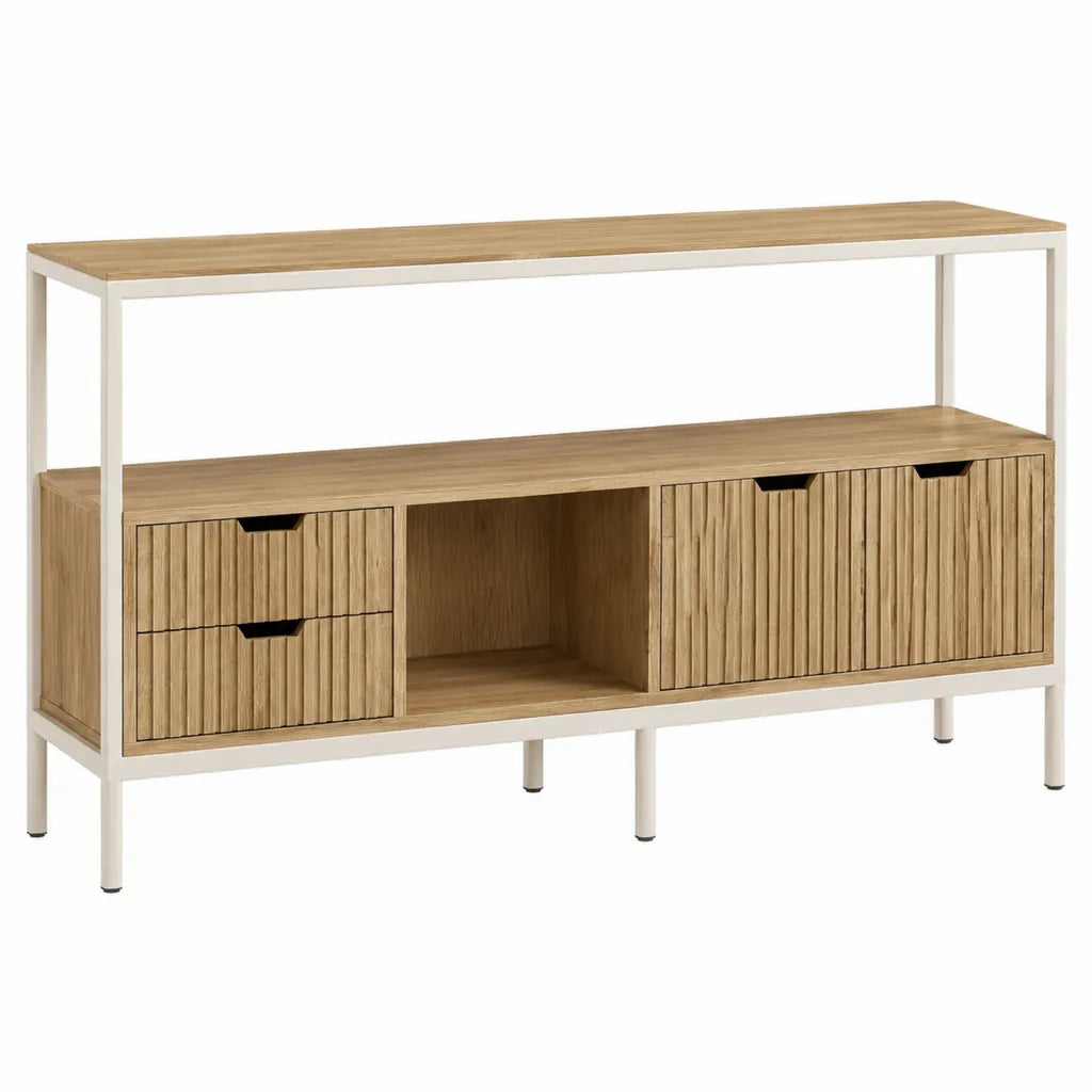 Sideboard mit Regal 160 x 40 x 110 cm MDF mit Eichenfurnier rechteckig Natur Weiß