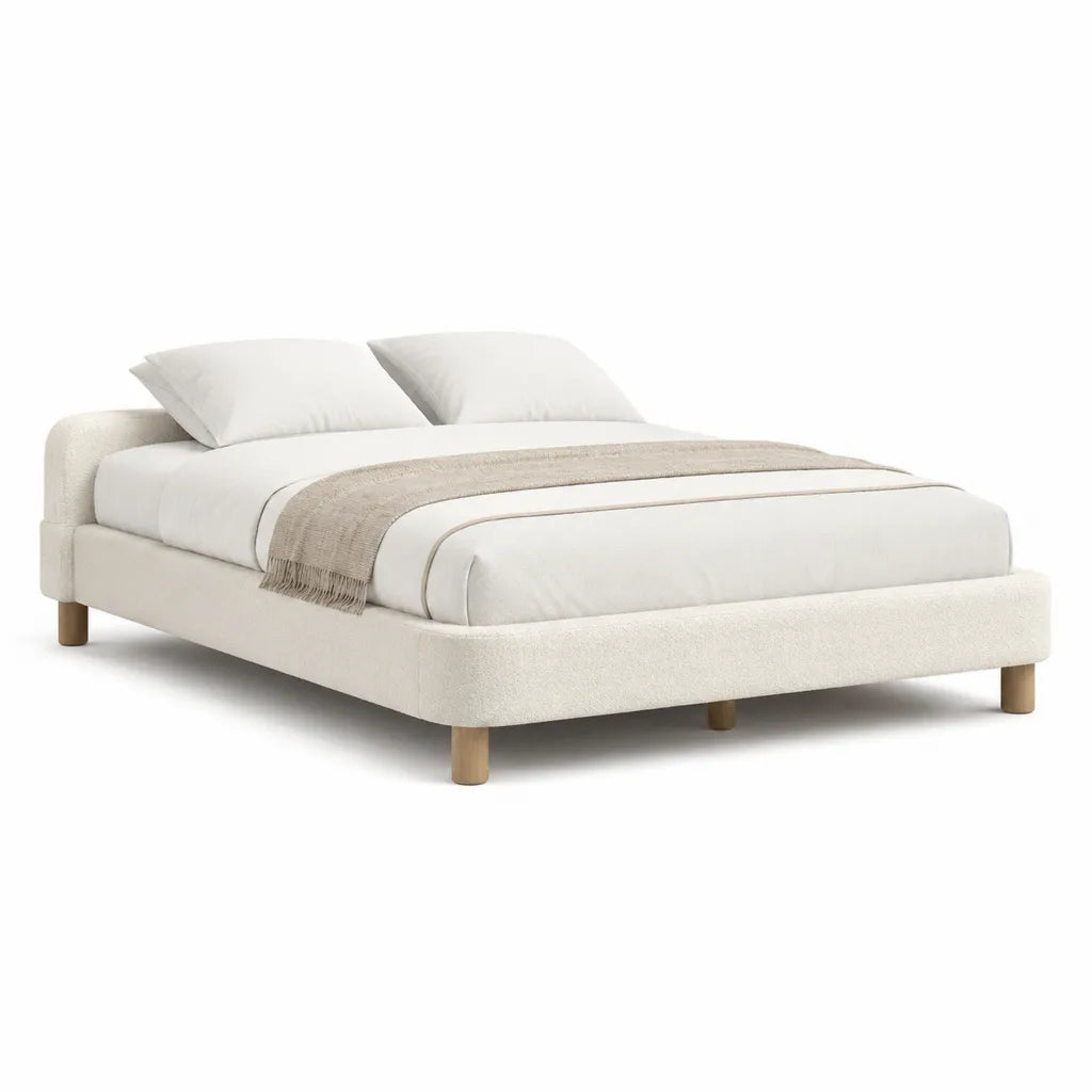 Polsterbett Doppelbett 160 x 200 cm mit Polyesterbezug und Holzfüßen in Creme