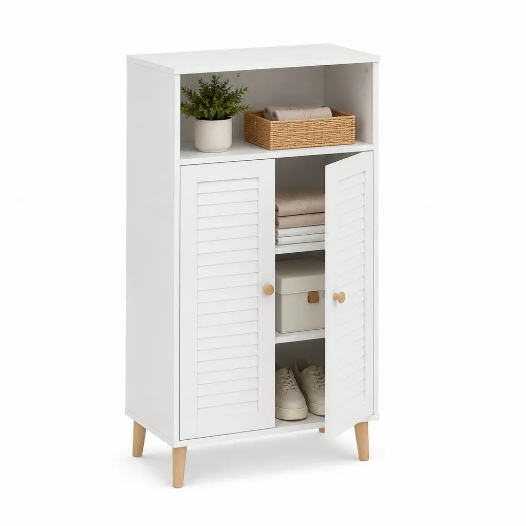 Hochkommode mit 2 Lamellentüren MDF Kiefernholz rechteckig Weiß 60 x 40 x 120 cm