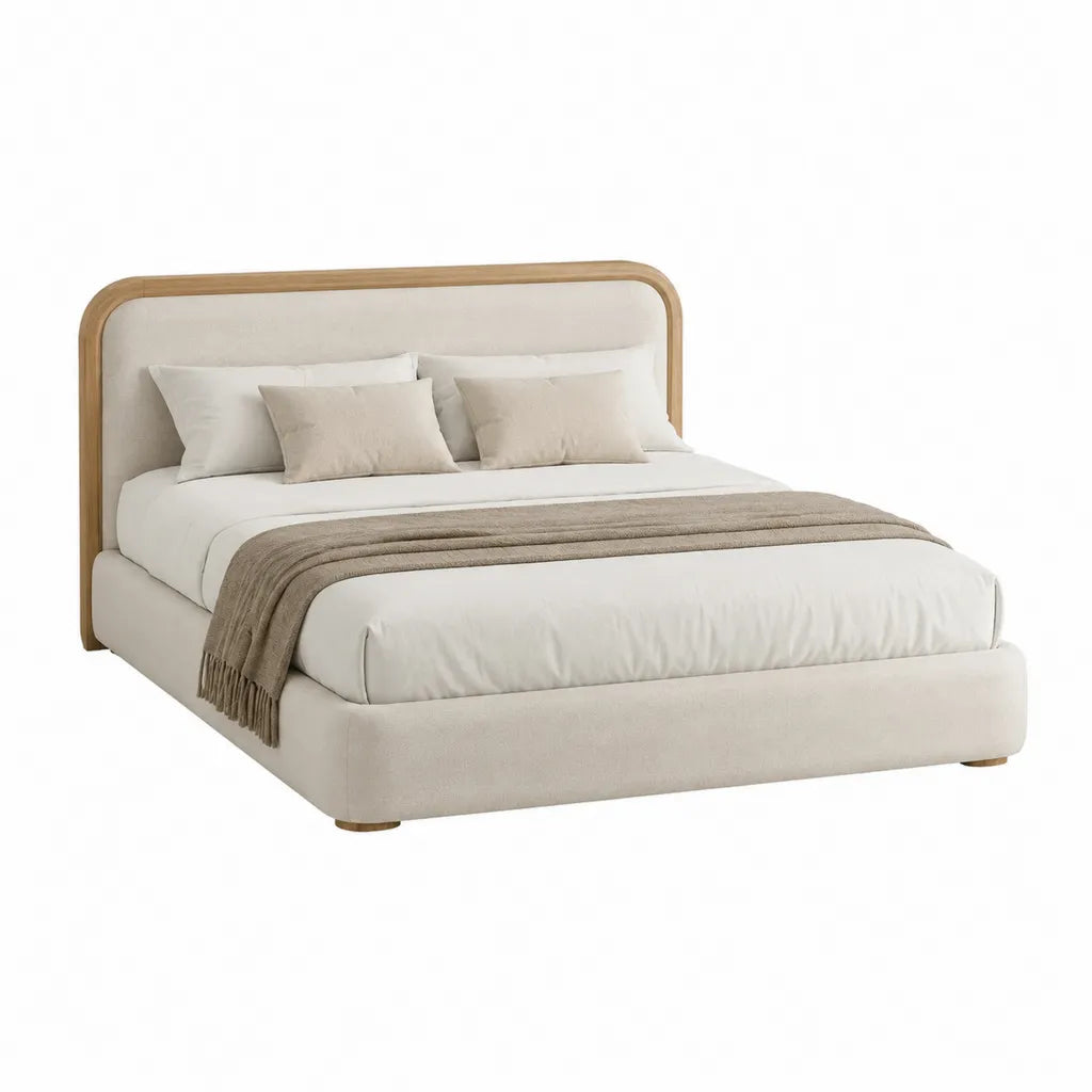 Stauraumbett Polsterbett mit Bettkasten 180 x 200 cm Polyester Rechteckig Creme Naturholz