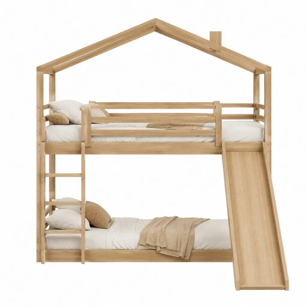 Haus-Etagenbett aus massivem Kiefernholz mit Rutsche und Leiter Natur 90 x 200 cm 208 x 190 x 230 cm