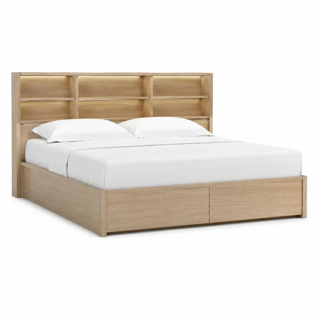 Doppelbett mit Stauraum und Regal-Kopfteil 160 x 200 cm Spanplatte Eichenoptik Hellbraun