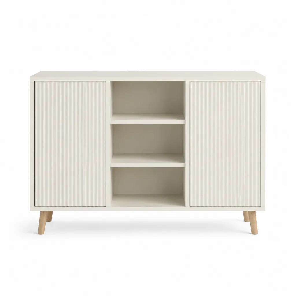 Sideboard mit 2 Türen und 3 offenen Fächern rechteckig aus MDF und Massivholz in Creme 120 x 40 x 90 cm