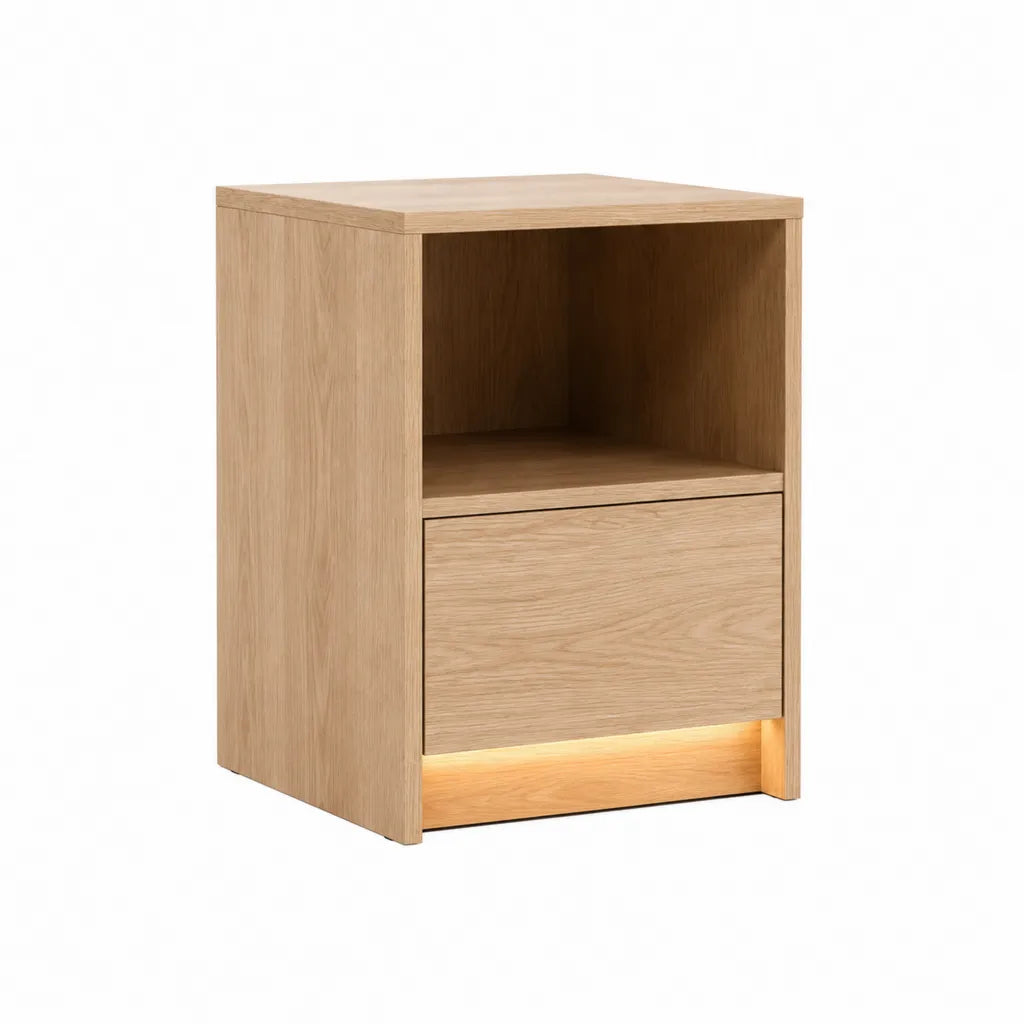 Nachttisch mit Schublade und offenem Fach aus MDF mit Eichenfurnier rechteckig Eiche Natur 45 x 40 x 60 cm