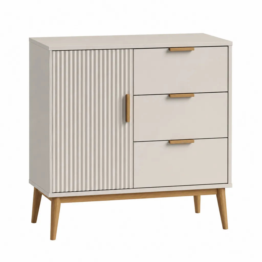 Sideboard mit 3 Schubladen und 1 Tür aus MDF und Kiefernholz rechteckig Weiß Natur 80 x 40 x 90 cm
