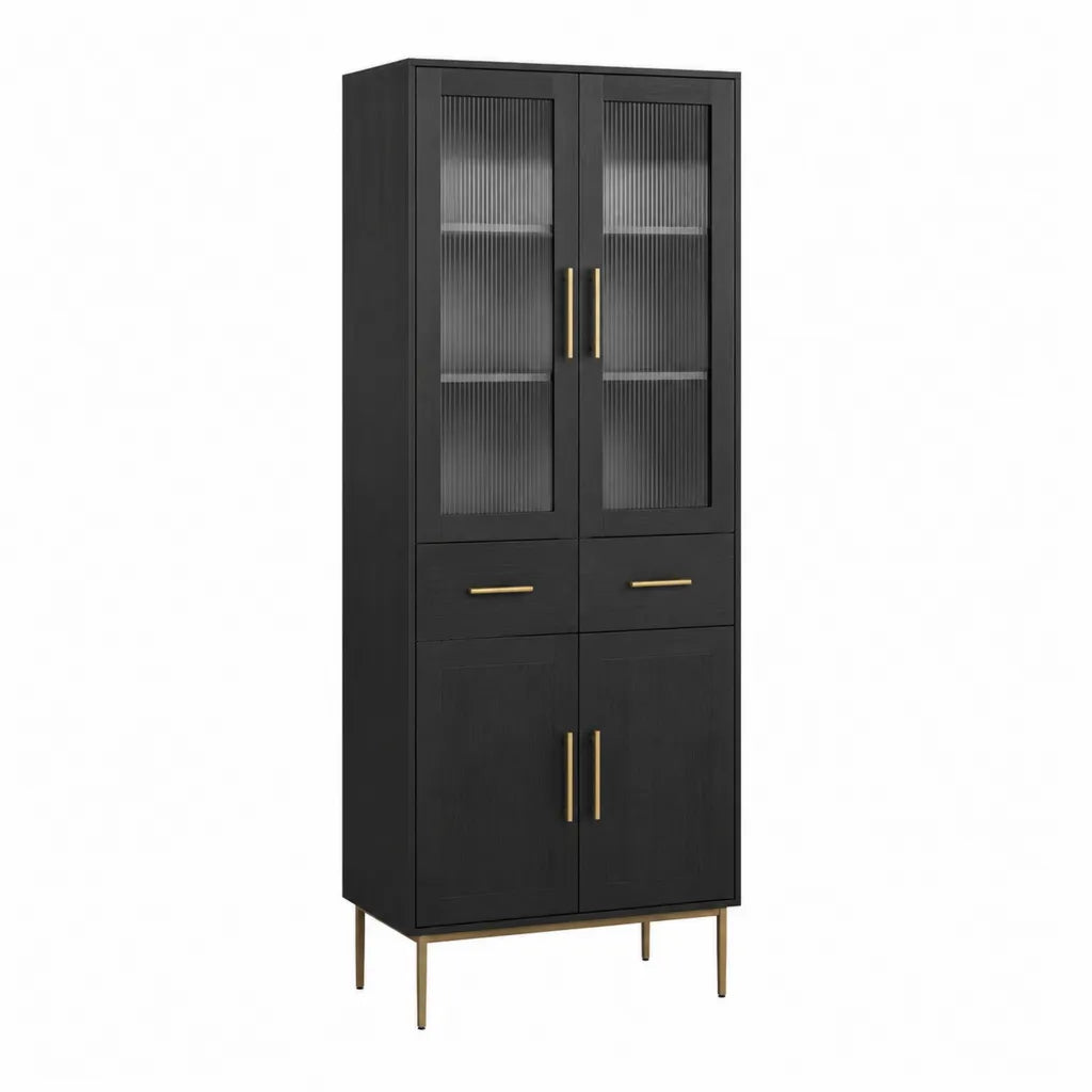 Vitrinenschrank Highboard mit Riffelglastüren MDF Schwarz Gold 80 x 40 x 180 cm