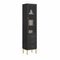 Vitrine Hochschrank aus Spanplatte und Riffelglas rechteckig Schwarz Gold 60 x 40 x 180 cm