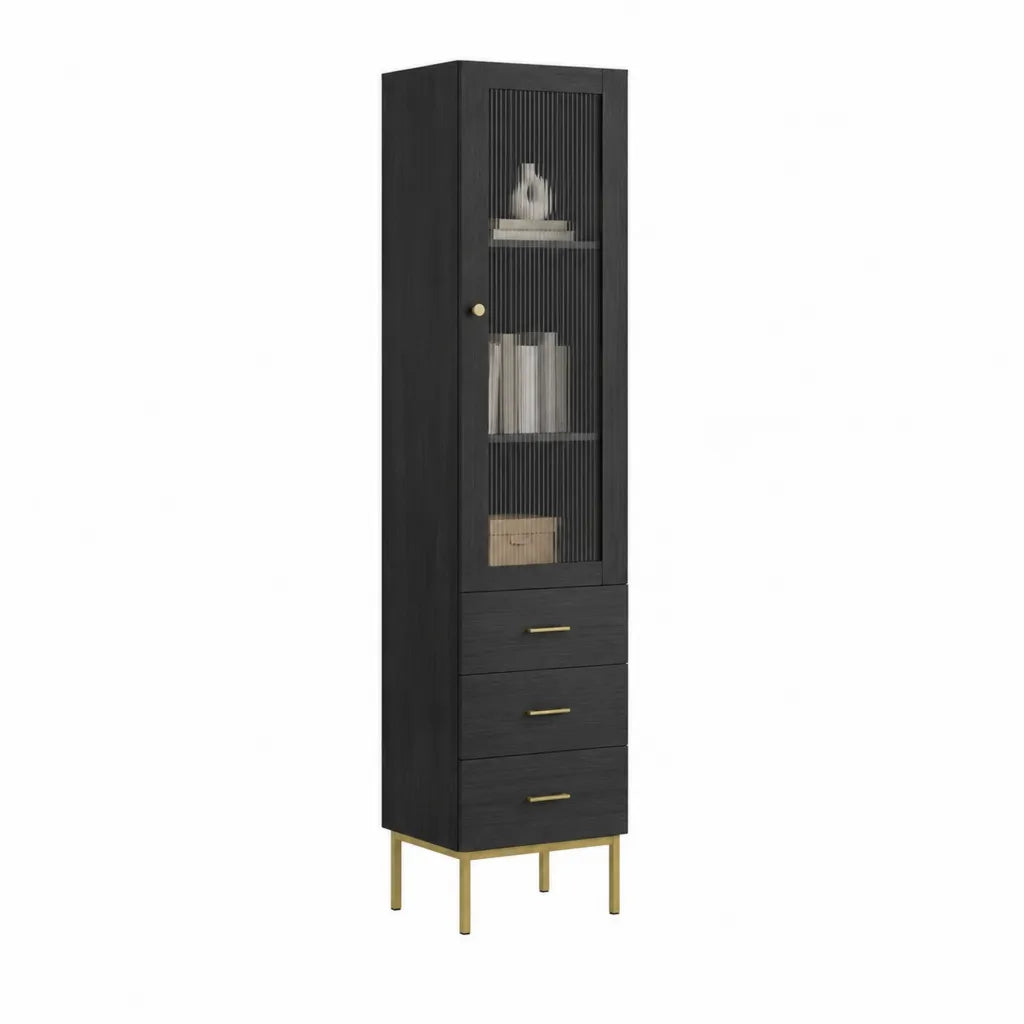 Vitrine Hochschrank aus Spanplatte und Riffelglas rechteckig Schwarz Gold 60 x 40 x 180 cm