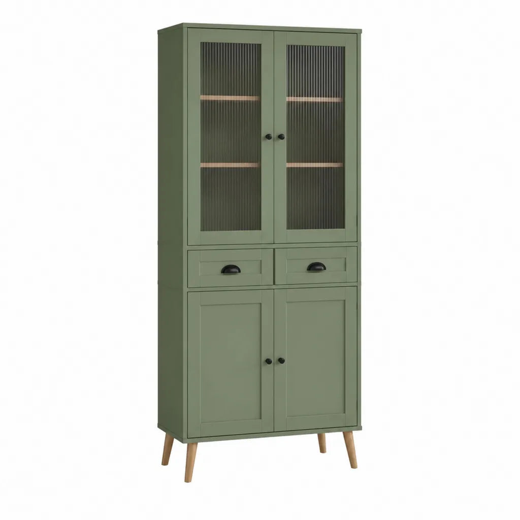 Vitrinenschrank mit Glastüren 80 x 40 x 180 cm MDF geriffeltes Glas rechteckig olivgrün
