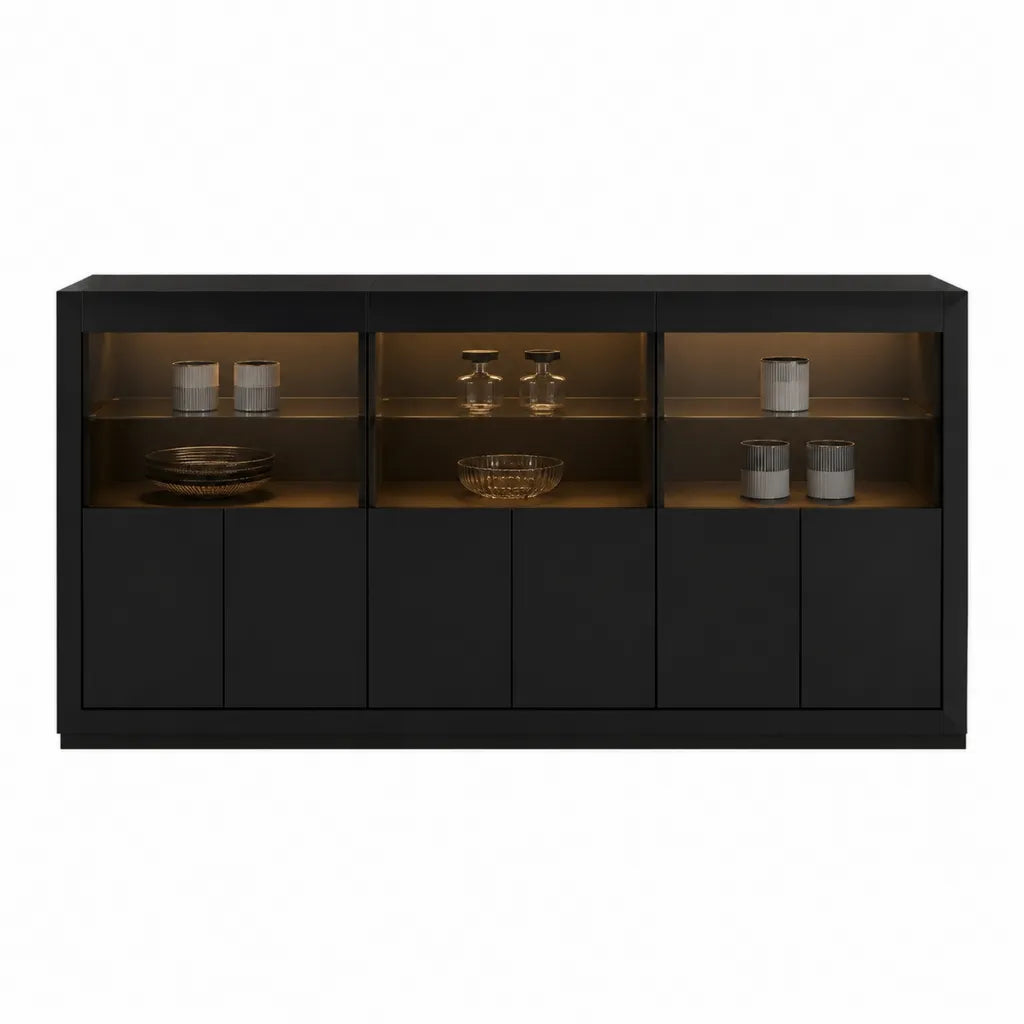 Sideboard Vitrine mit LED-Beleuchtung 180 x 40 x 90 cm aus MDF und Glas rechteckig schwarz