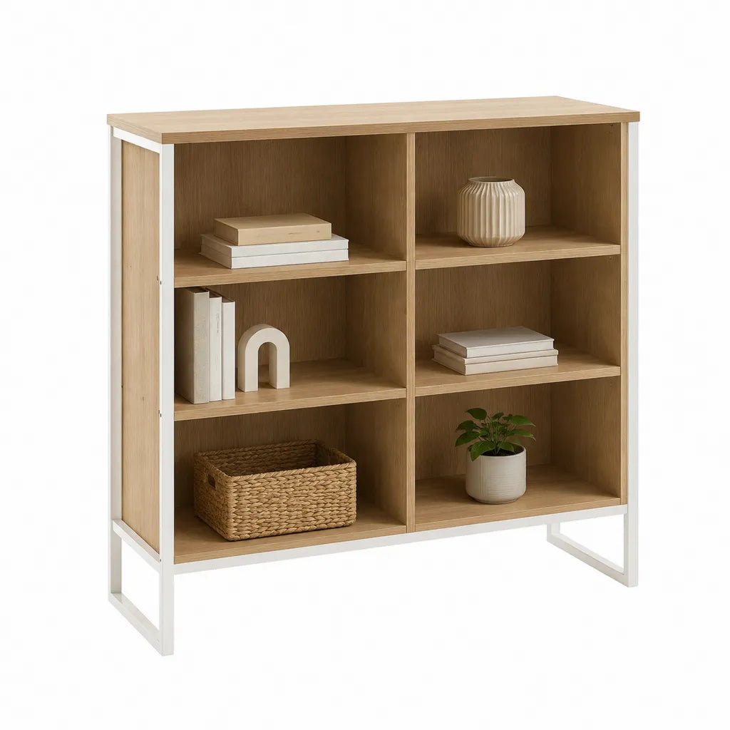 Sideboard Regal 80 x 30 x 90 cm aus Spanplatte mit Eiche-Dekor und Stahlgestell in Natur Eiche Weiß