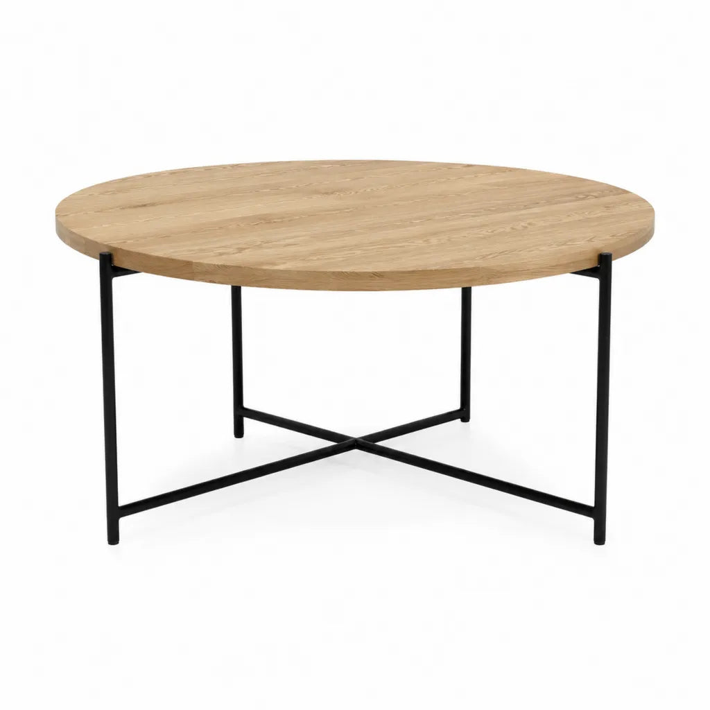 Couchtisch rund 90 x 45 cm mit Eichenholzplatte und Stahlgestell Natur Schwarz