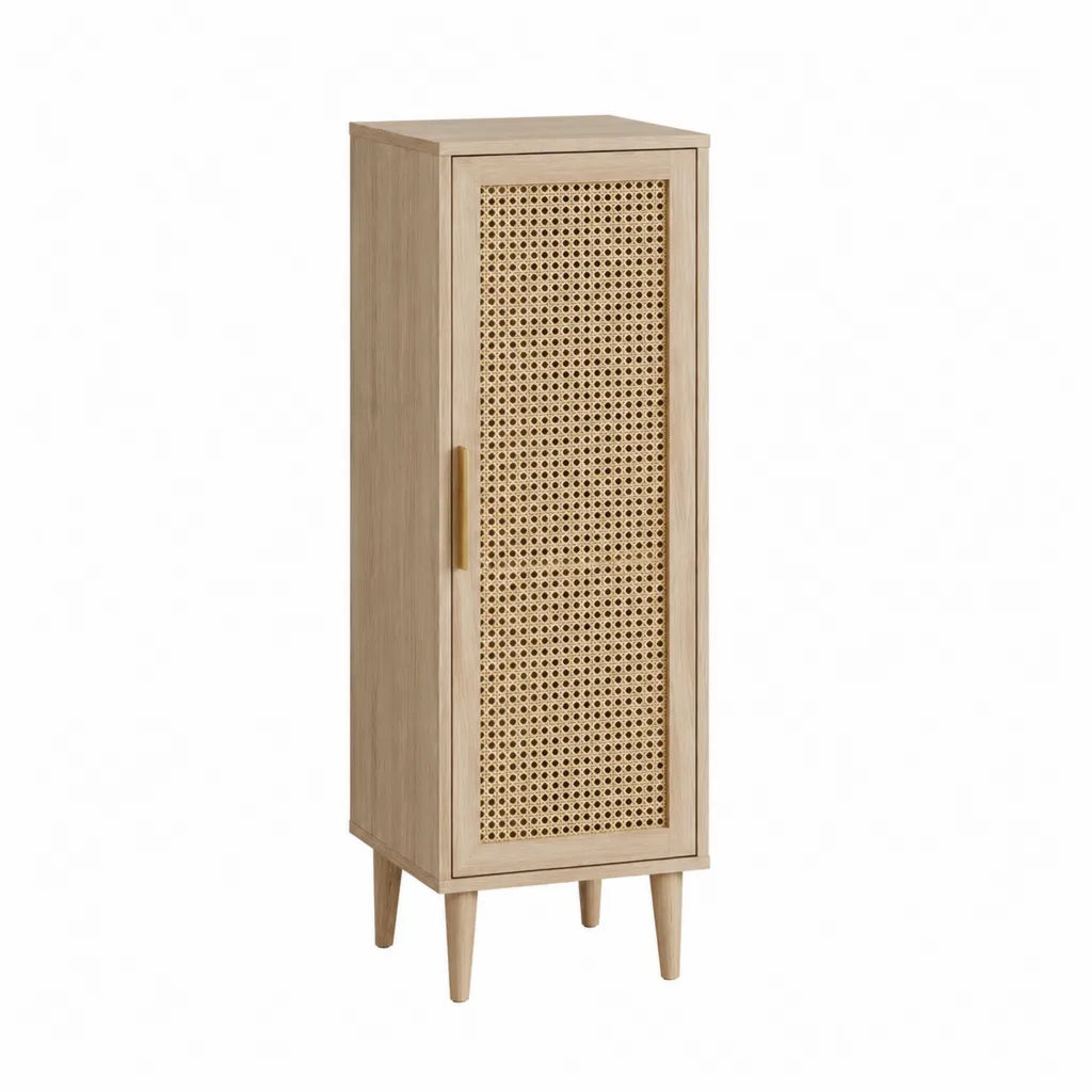 Schmales Sideboard Hochschrank mit 1 Tür aus MDF mit Eichenfurnier Rattanfront rechteckig Natur 50 x 40 x 120 cm