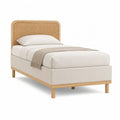 Einzelbett 90 x 200 cm mit gepolstertem Rahmen Rattan-Kopfteil Massivholz Natur Weiß