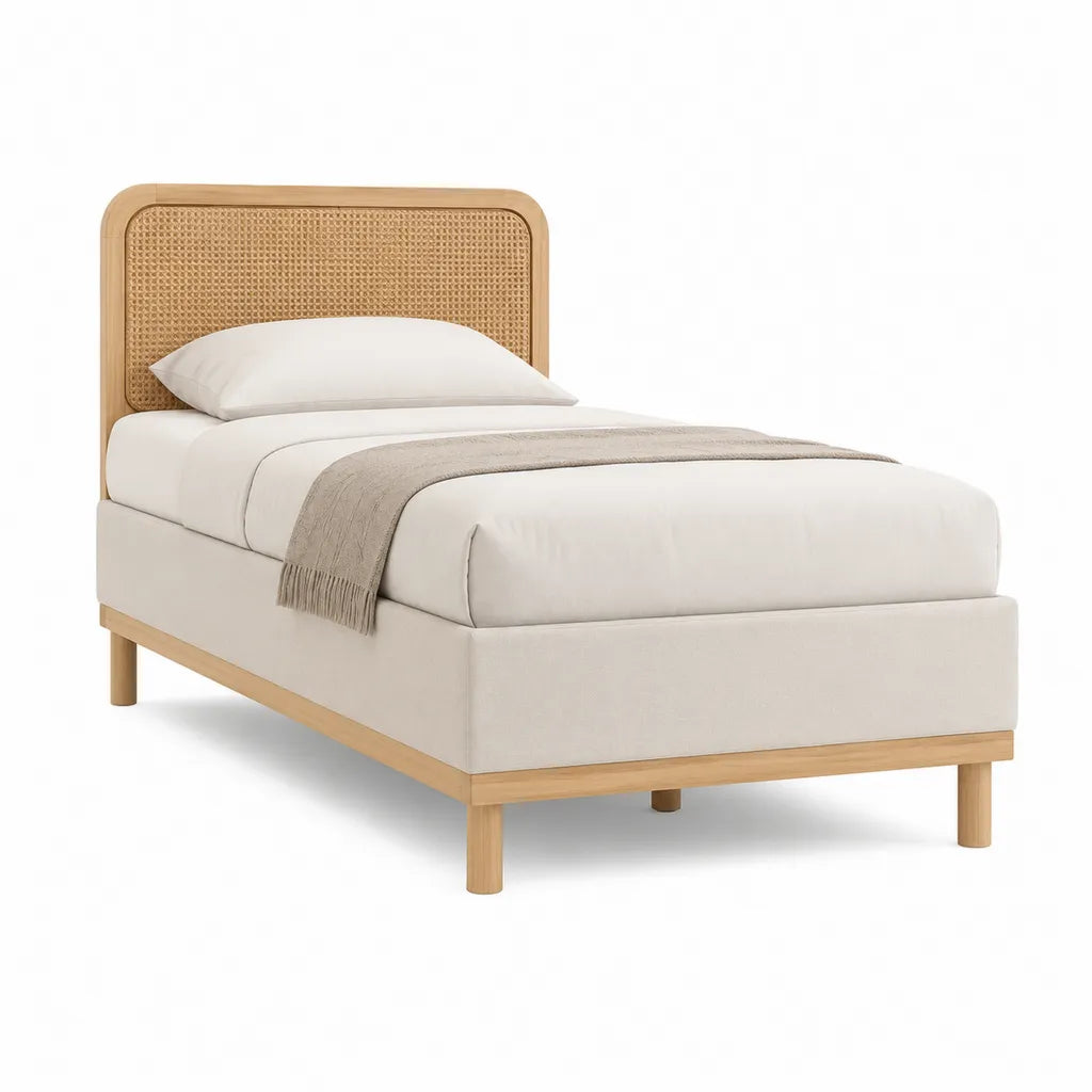 Einzelbett 90 x 200 cm mit gepolstertem Rahmen Rattan-Kopfteil Massivholz Natur Weiß
