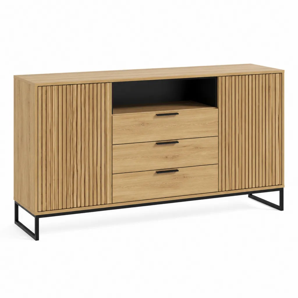 Sideboard mit 2 Türen 3 Schubladen und offenem Fach Eichenfurnier rechteckig Natur/Schwarz 160 x 40 x 85 cm