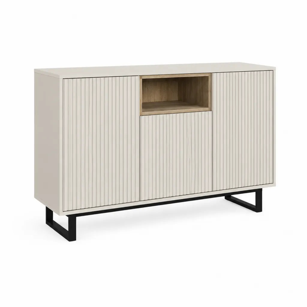 Sideboard mit 3 Türen und offenem Fach MDF Weiß Eicheoptik 160 x 40 x 90 cm