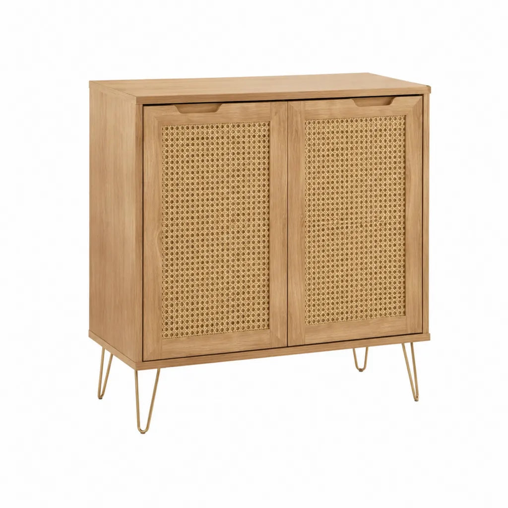 Sideboard mit 2 Türen aus MDF mit Eichenfurnier und Rattangeflecht rechteckig Natur 80 x 40 x 90 cm