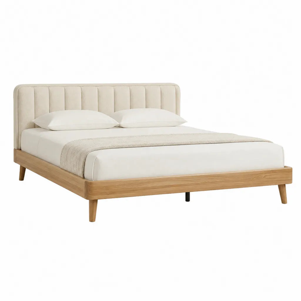 Doppelbett Bettgestell 160 x 200 cm mit gepolstertem Kopfteil aus Massivholz Beige Natur
