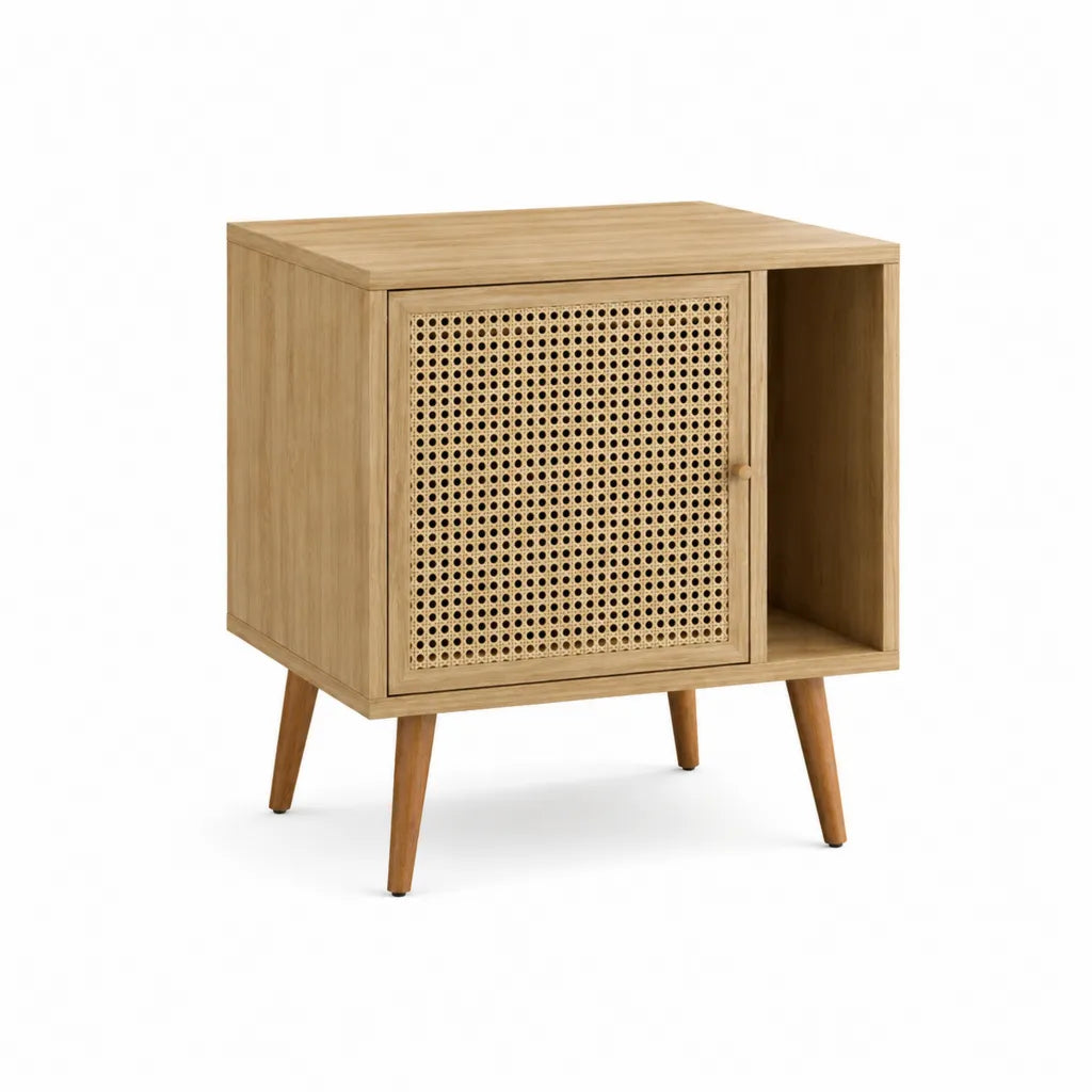 Nachttisch mit Tür und offenem Fach 60 x 40 x 70 cm Eichenfurnier Rattan rechteckig natur