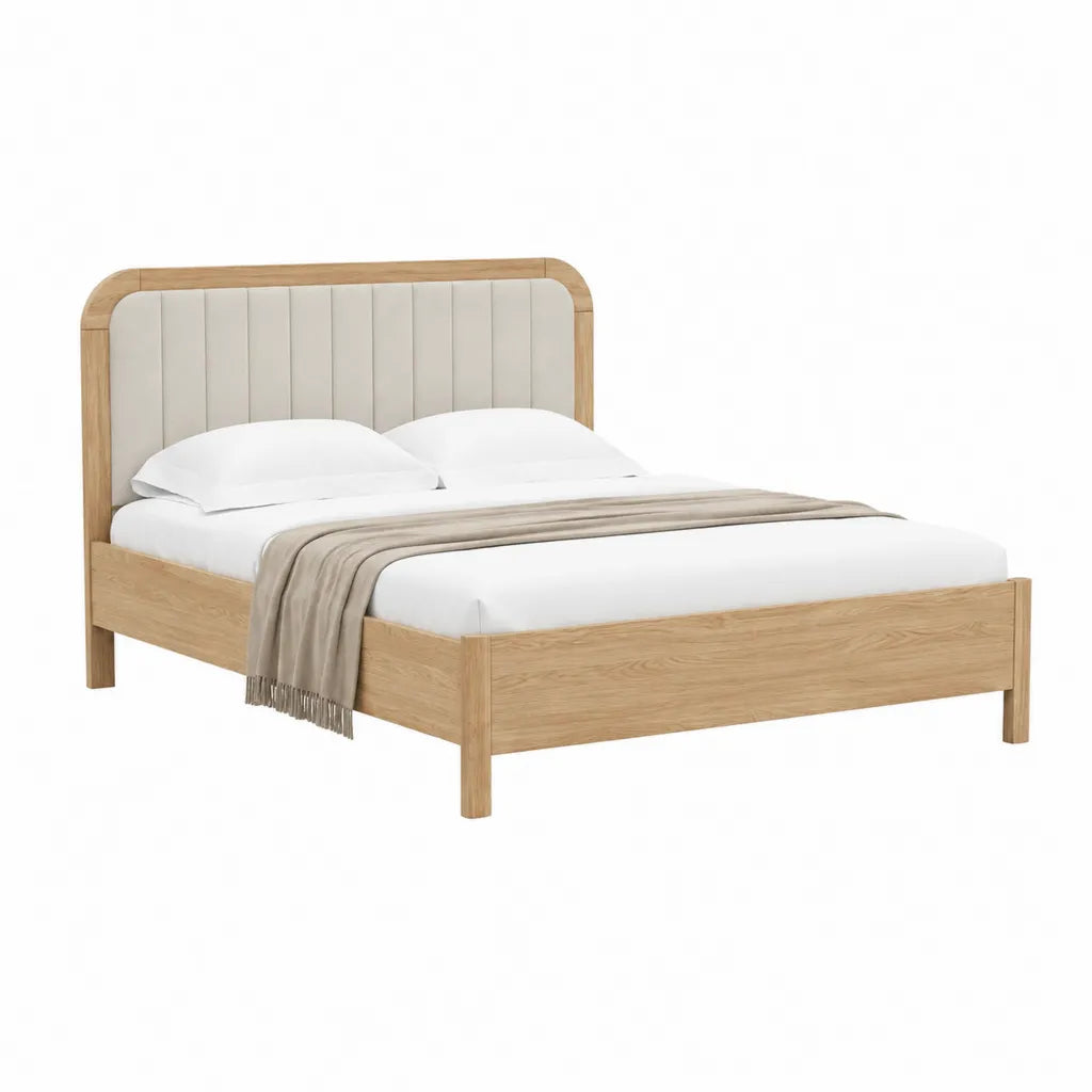 Doppelbett Bettgestell 160 x 200 cm aus massivem Eichenholz mit gepolstertem Polyester-Kopfteil in Naturbeige