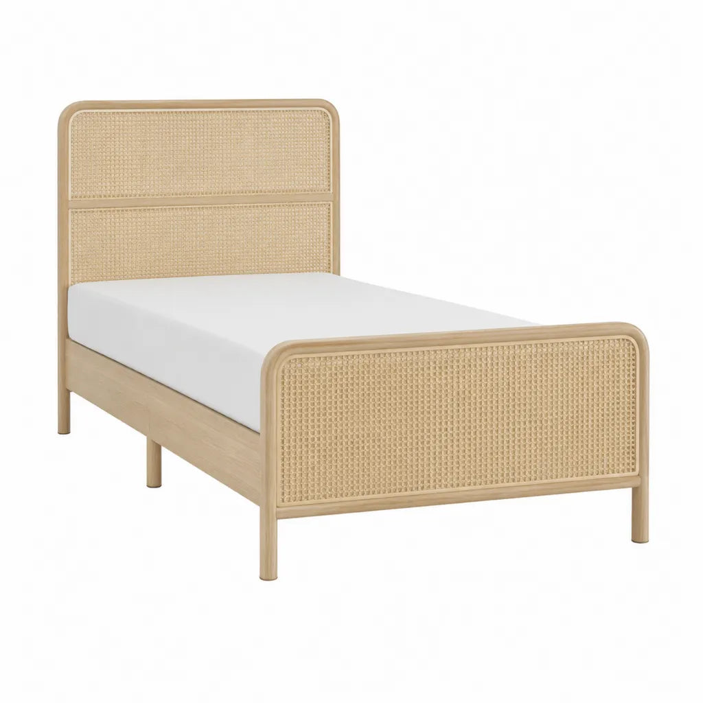 Einzelbett Bettgestell 90 x 200 cm aus Gummibaum-Massivholz mit Rattan-Geflecht Natur