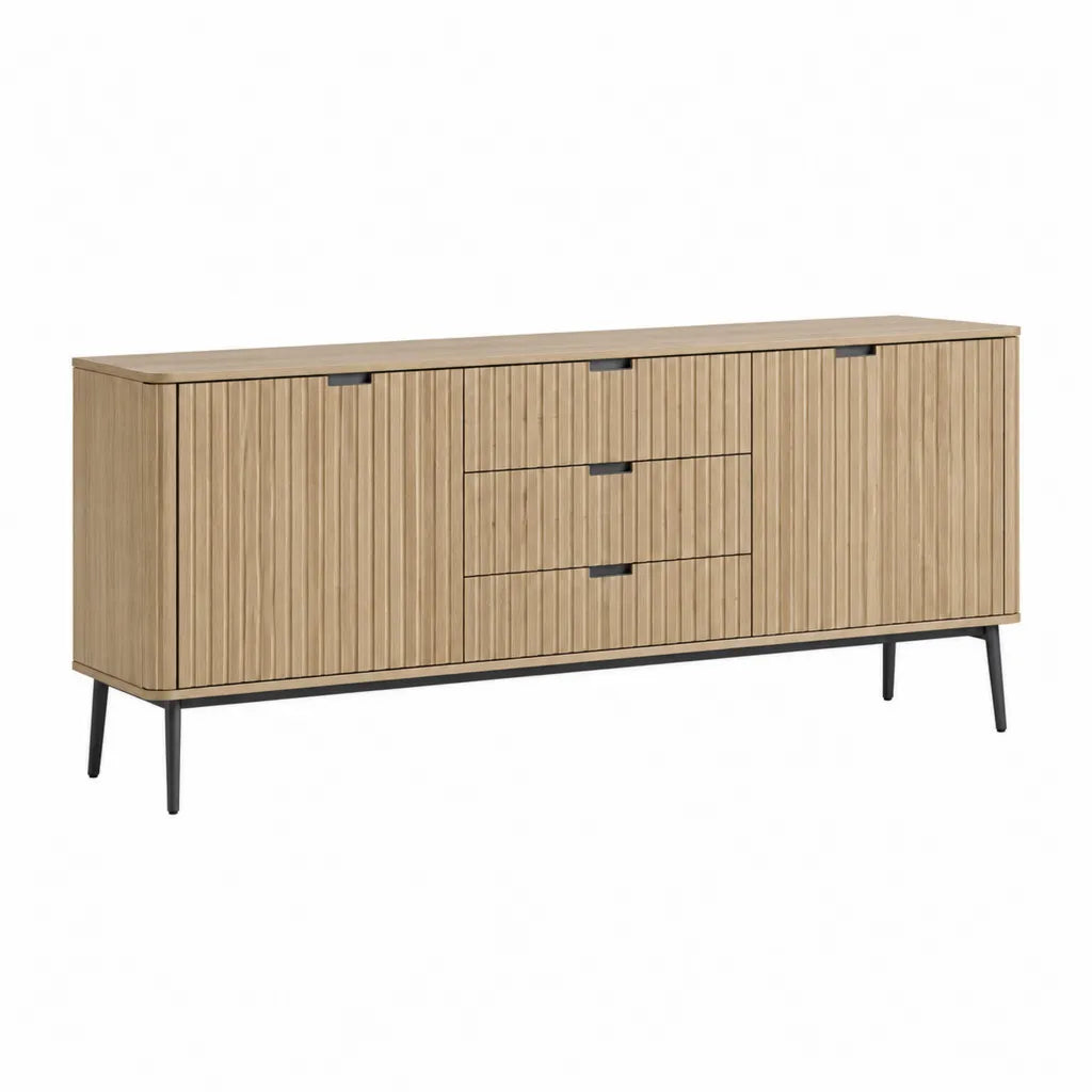 Sideboard Kommode mit 3 Schubladen 2 Türen Eichenfurnier rechteckig Natur Schwarz 160 x 40 x 75 cm