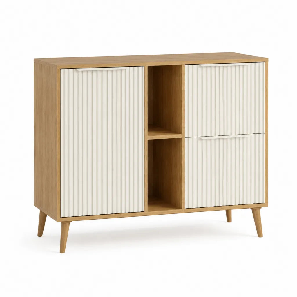 Sideboard mit 3 Türen und 2 offenen Fächern 120 x 40 x 100 cm MDF mit Eichenfurnier rechteckig Eiche Natur Cremeweiß
