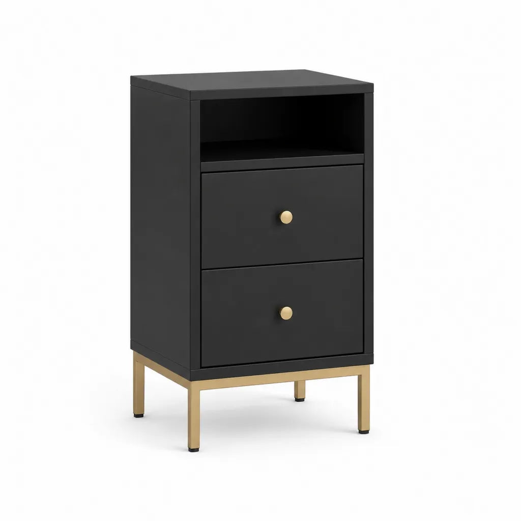Nachttisch mit 2 Schubladen offenem Fach MDF rechteckig Schwarz Gold 40 x 35 x 60 cm
